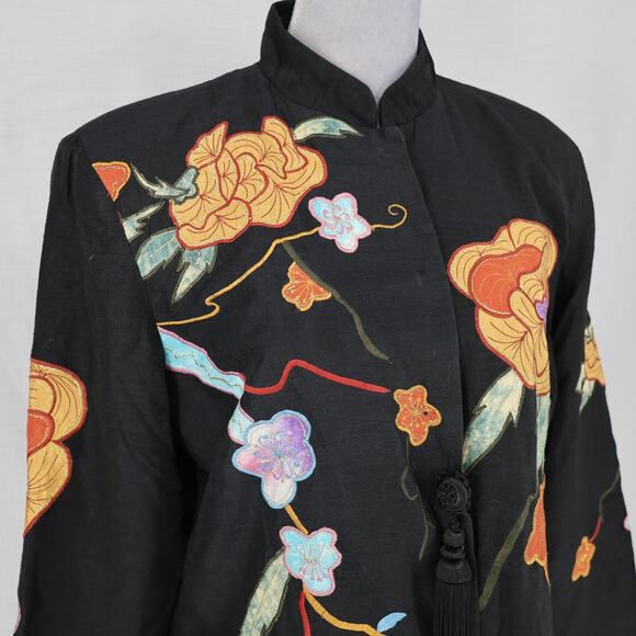 Entice Jacket Womens 10 Black Orange Floral Applique Embroidery Snaps Tassel Vtg - Picture 6 of 13